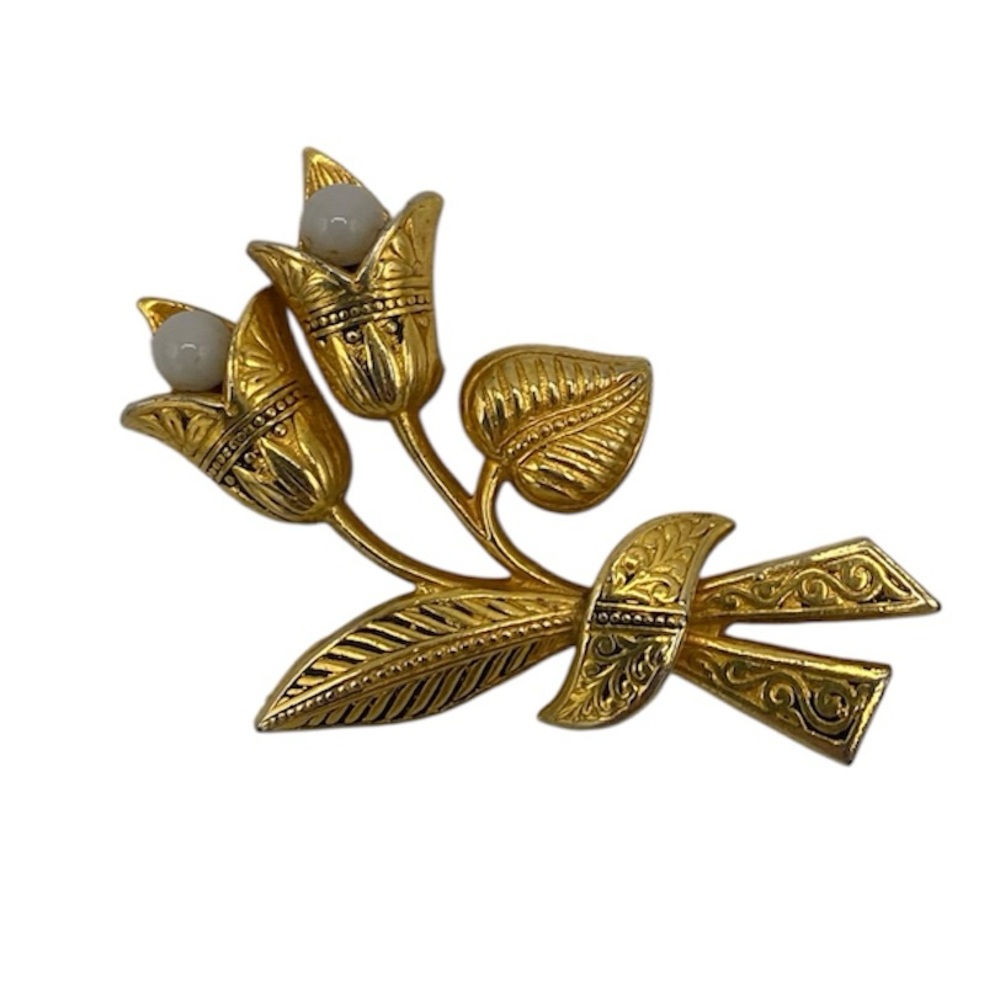 Gold Tulip Floral Brooch White Accents Etched Gold Tone